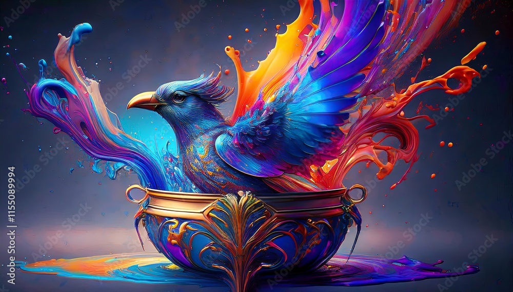 Fototapeta premium Baroque Bird Emergence: Infinite Wings from a Paint Container