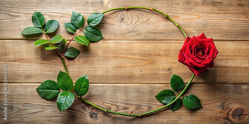 A single long-stemmed red rose placed in a circular frame of lush green leaves and stems on a wooden table , Frame, Rose flower A single long-stemmed red rose placed in a circular frame of lush green leaves and stems on a wooden table , Frame, Rose flower