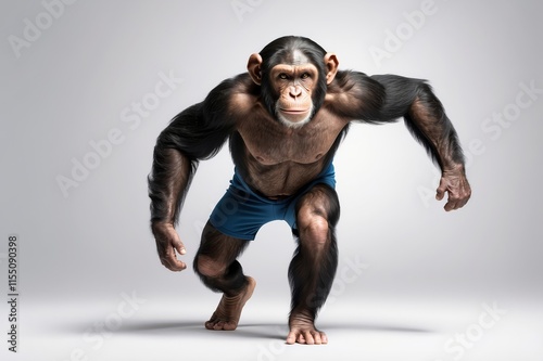 Muscular chimpanzee in athletic pose, intense gaze.