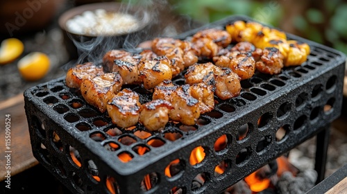 Grilled meat skewers cooking over an open fire. photo