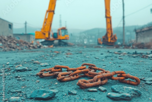 Heavy machinery on construction site with rusty chain lying on ground in foggy weather conditions