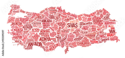 A colorful and modern typographic map design showcasing all the provinces of Turkey. Each province is highlighted by its name on the map.