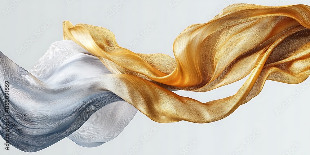 Fototapeta premium Abstract flowing fabric in gold, white, and gray.