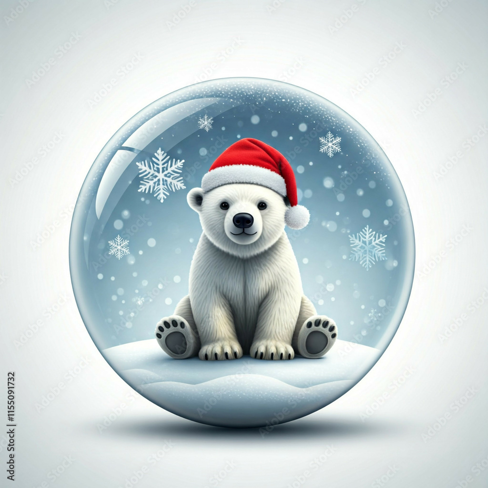 cute polar bear wearing santa hat inside a snow globe with a winter background cute polar bear wearing santa hat inside a snow globe with a winter background