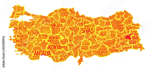 A colorful and modern typographic map design showcasing all the provinces of Turkey. Each province is highlighted by its name on the map.