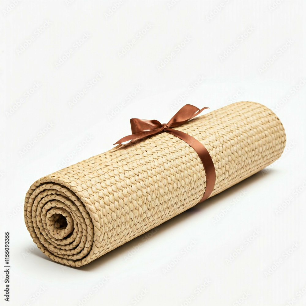 woven straw mat rolled up with a brown ribbon bow on white background woven straw mat rolled up with a brown ribbon bow on white background