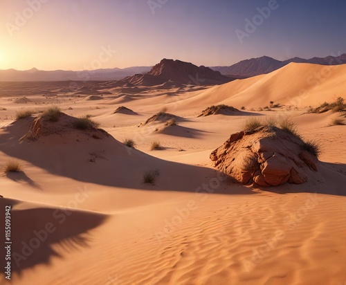 Desert landscape with sandy dunes and beige rocky outcrops at dusk, desert, natural photo