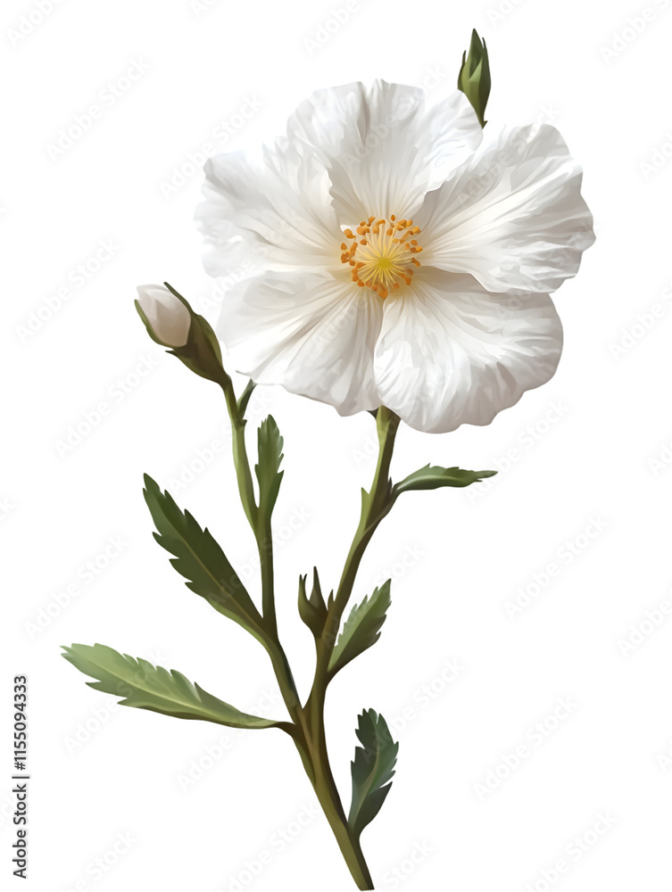 Elegant White Flower Blooming with Buds and Green Leaves on a Minimalist Background Elegant White Flower Blooming with Buds and Green Leaves on a Minimalist Background