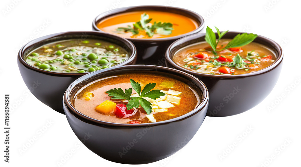 Set of different fresh homemade soups on png transparent background Set of different fresh homemade soups on png transparent background