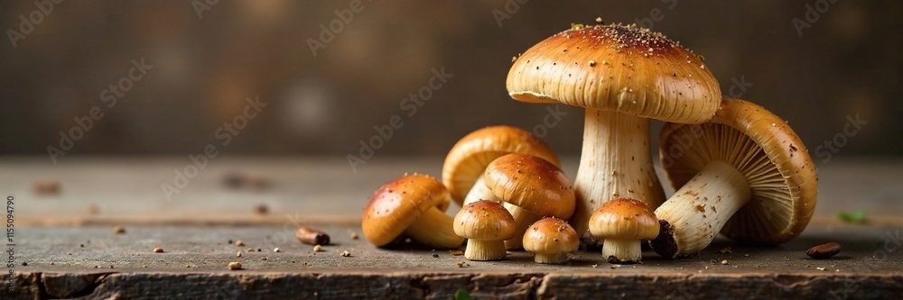 Earthy tones of champignon mushrooms on wooden table, rustic, earthy tone Earthy tones of champignon mushrooms on wooden table, rustic, earthy tone