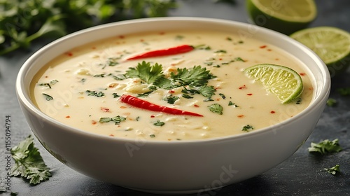 A vibrant bowl of Tom Kha soup, rich with creamy coconut and fresh herbs, evokes warmth and comfort in every spoonful.