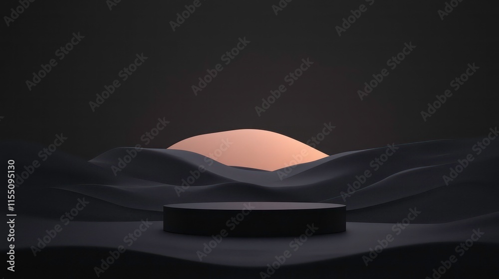 Fototapeta premium Dark minimalist podium on wavy surface with soft light behind.