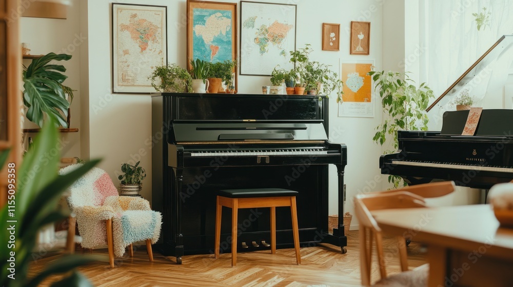 Two pianos in a bright, plant-filled living room. Two pianos in a bright, plant-filled living room.
