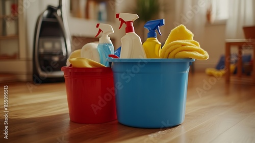 Cleaning products in bucket on the floor in the living room photo