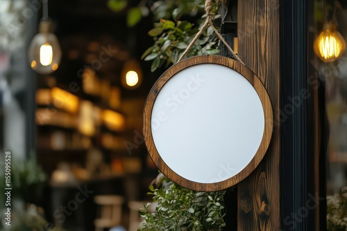 Blank Round Wooden Sign Hanging on a Rustic Door.