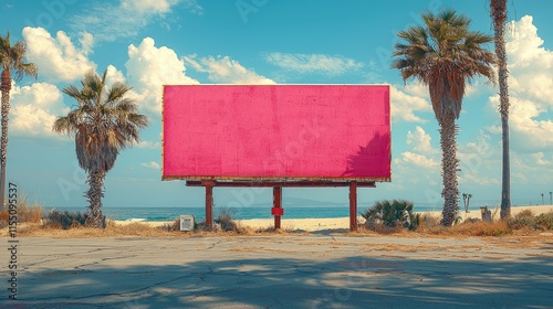 A vibrant pink billboard stands amidst palm trees  overlooking a beach under a blue sky.