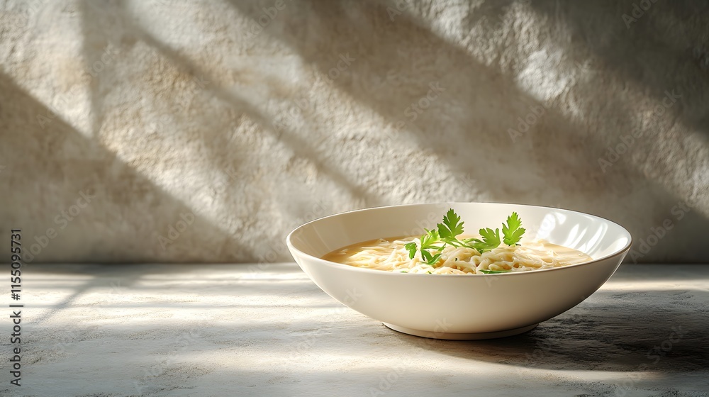A warm bowl of Tom Kha soup sits invitingly, surrounded by soft shadows, showcasing its creamy texture and fresh herbs. A warm bowl of Tom Kha soup sits invitingly, surrounded by soft shadows, showcasing its creamy texture and fresh herbs.