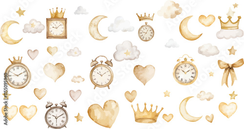 watercolor cute gold and beige ribbon Clock with hand pointing to the left Crescent moon, heart shape, clouds, crown on alarm clock Clip art isolated on white background.
