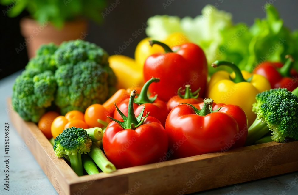 A tray filled with fresh vegetables—green broccoli, ripe red tomatoes, colorful bell peppers, and leafy greens. Neatly arranged and brightly lit, the vibrant display emphasizes health, nutrition A tray filled with fresh vegetables—green broccoli, ripe red tomatoes, colorful bell peppers, and leafy greens. Neatly arranged and brightly lit, the vibrant display emphasizes health, nutrition