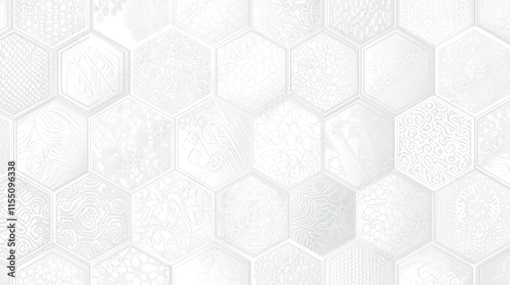 White hexagonal tiles with intricate patterns. White hexagonal tiles with intricate patterns.