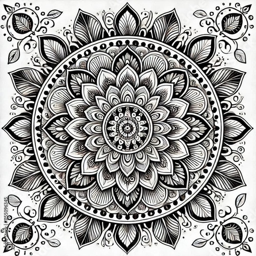 Intricate Black and White Floral Mandala Design | Symmetrical Mehndi-Inspired Art | Detailed Geometric Patterns for Coloring Books and Tattoos