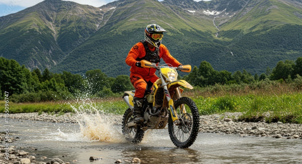 Fototapeta premium Motorcyclist Rides Yellow Motorcycle Through Mountain River