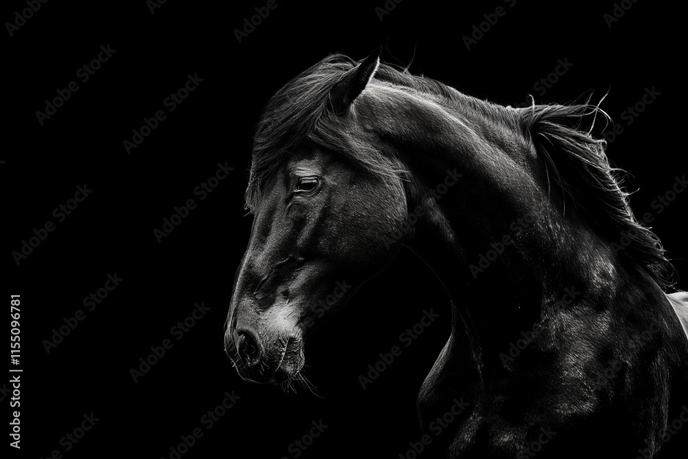 Portrait of a black horse on a black background. Monochrome. Generative AI Portrait of a black horse on a black background. Monochrome. Generative AI