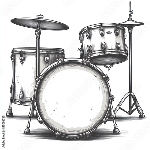 Monochromatic drum set illustration, showing a complete drum kit with cymbals and bass drum. photo