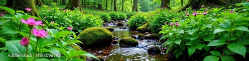 Forest floor with ferns and wildflowers along the stream, ferns, landscape, natural