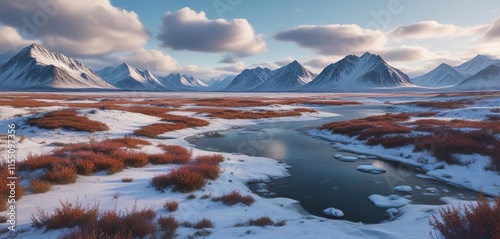 Frozen landscape of the Yukon tundra with mountains and clouds, mountains, wilderness