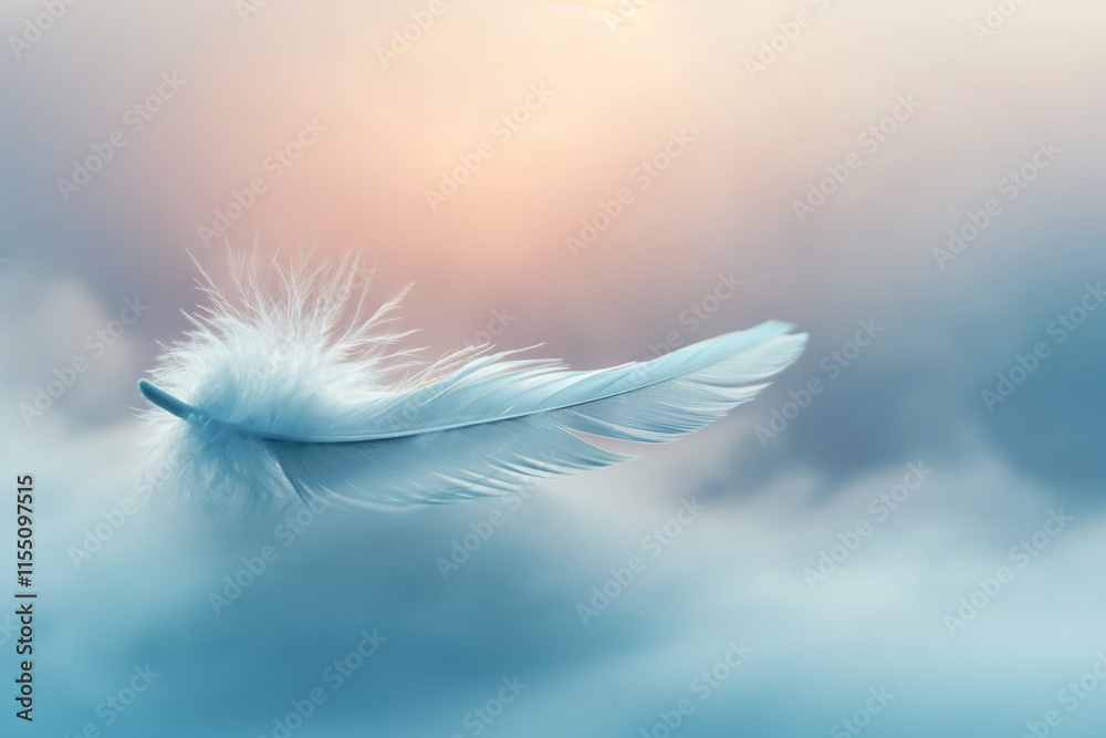 White Feather Against Sunset Sky. Soft blue colors. Generative AI White Feather Against Sunset Sky. Soft blue colors. Generative AI