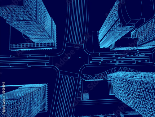Blue cityscape with a crosswalk and a street view of a city. The buildings are tall and the street is busy with cars