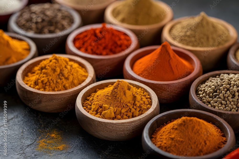 Assortment of Spices and Seeds in Wooden Bowls. Assortment of Spices and Seeds in Wooden Bowls.