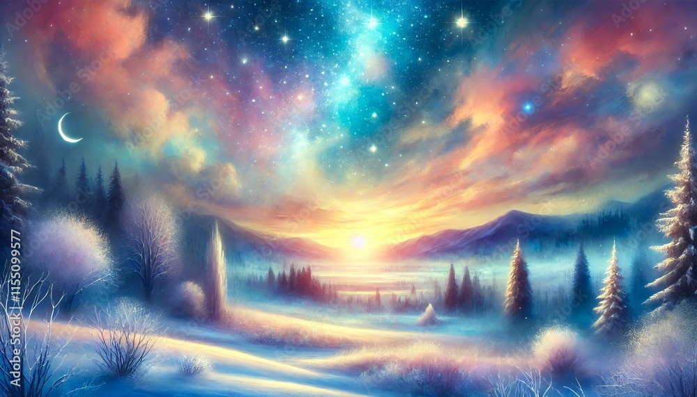 Fototapeta premium A Fantastical Winter Sunset with a Starry Sky and Dreamy Pastel Glow