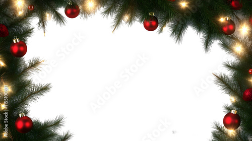 Festive Christmas Border with Ornaments and Lights on Green Pine Needles