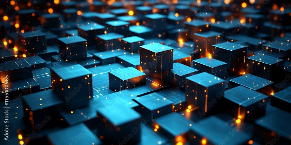 Fototapeta premium Abstract digital data cubes glowing in blue and orange.