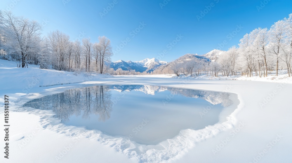 Serene winter landscape with snow and reflection. Serene winter landscape with snow and reflection.