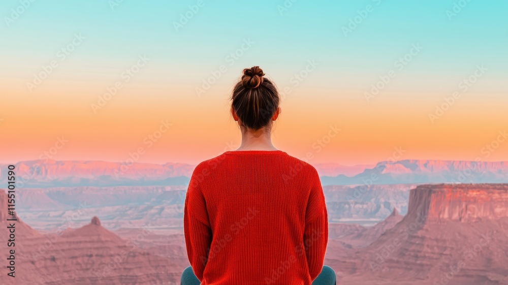 Mindful living and wellness spirituality concept. A person in a red sweater meditating at a colorful sunset over mountains.