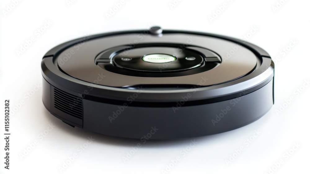 A robotic vacuum cleaner with a circular shape and sleek finish, isolated on white, emphasizing innovation and ease of use. A robotic vacuum cleaner with a circular shape and sleek finish, isolated on white, emphasizing innovation and ease of use.
