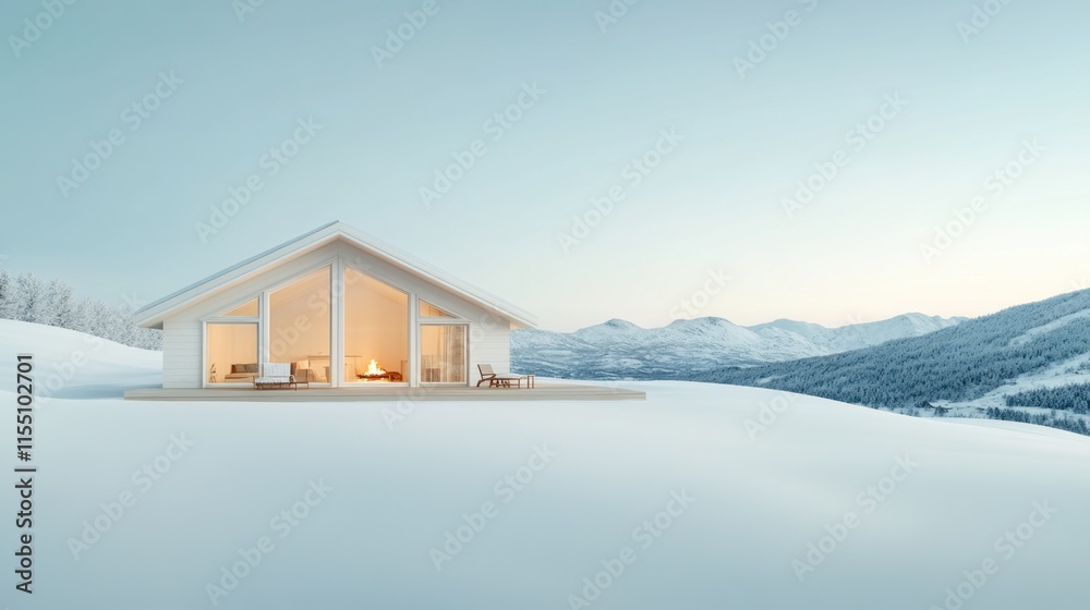 Modern cabin in snowy landscape at sunset. Modern cabin in snowy landscape at sunset.