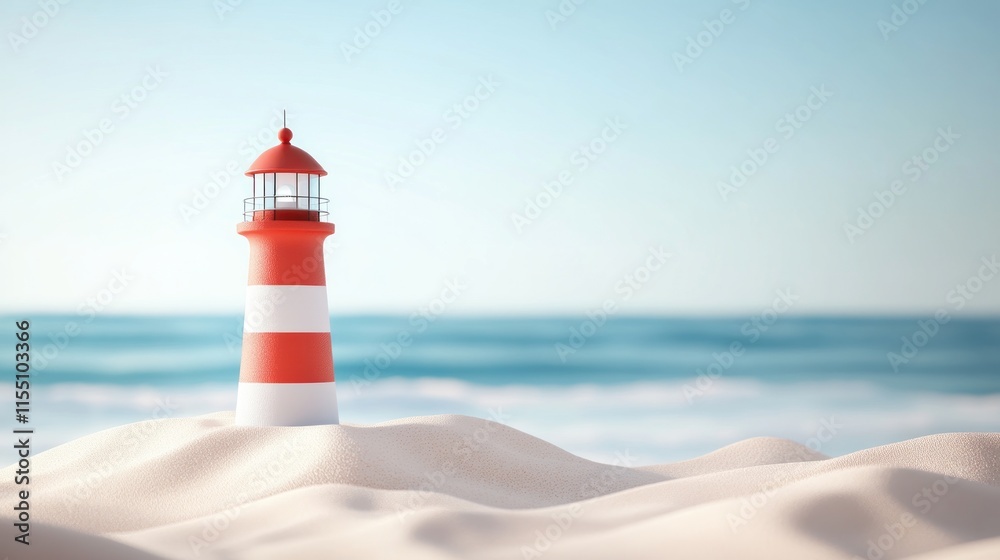 A three-dimensional lighthouse standing on a stretch of white sand gives a sturdy and majestic impression, with a simple background of the front view.