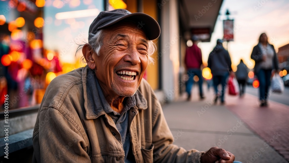 Joyful elder smiling on a bustling street at sunset during evening activities Joyful elder smiling on a bustling street at sunset during evening activities