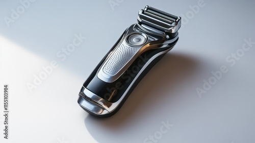 A sleek electric shaver with a metallic body and precision trimmers, placed on a white background, ideal for grooming product ads.