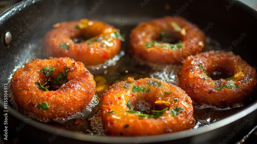Medu vada is deep-fried in a pan. A popular street meal in India, Medu Vada is a savory snack from South India. Medu vada is deep-fried in a pan. A popular street meal in India, Medu Vada is a savory snack from South India.