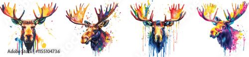 colorful watercolor moose head white background
