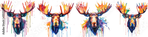 colorful watercolor moose head white background

