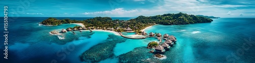 A panoramic view of overwater bungalows surrounded by vibrant turquoise waters under a bright blue sky. with gentle waves lapping the shore. in 4K resolution