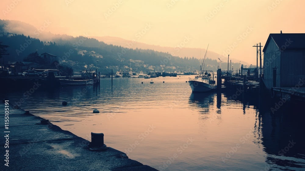 Fototapeta premium Serene Sunset Harbor Boats Docked Peaceful Mountains