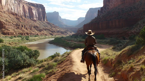 cowboy with wide brimmed hat rides horse along scenic riverbank, surrounded by stunning canyon landscapes