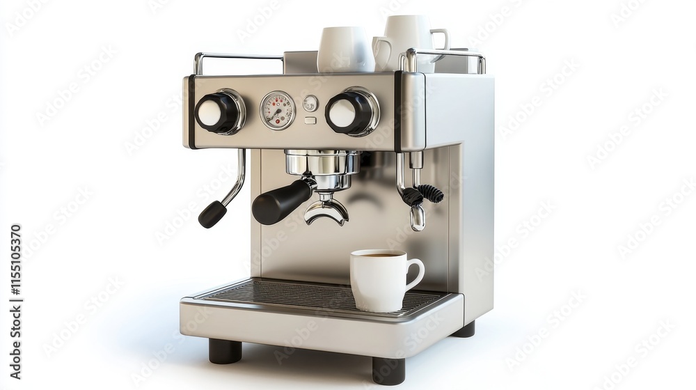 A stylish coffee machine with chrome accents and a cup ready to be filled, isolated on white, offering space for marketing campaigns or product descriptions.